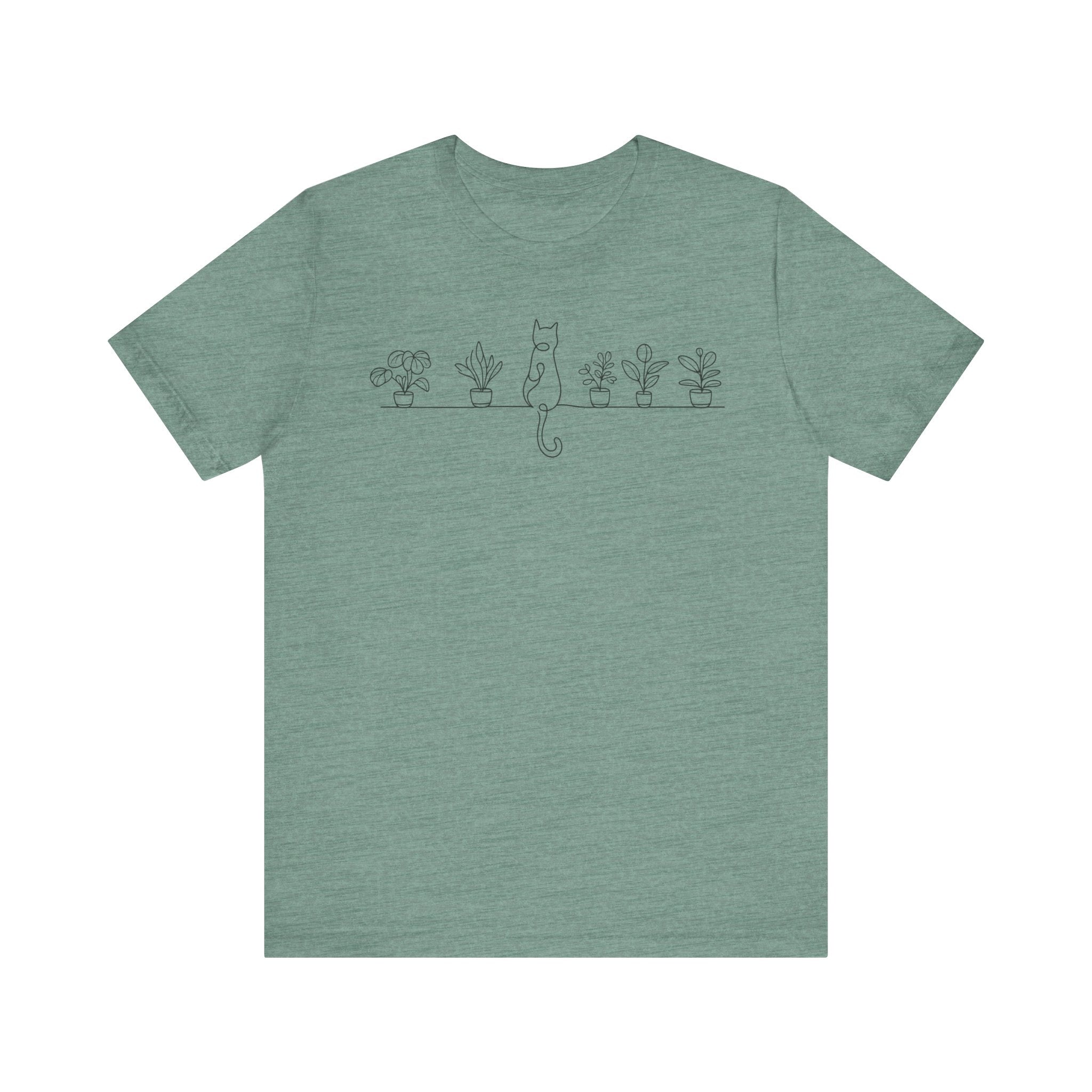 Cat on a Shelf Plant Tee — Minimal Line Art Cat & Potted Plants T-Shirt