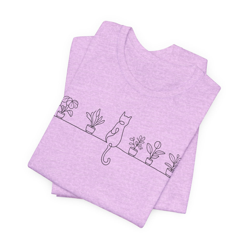 Cat on a Shelf Plant Tee — Minimal Line Art Cat & Potted Plants T-Shirt