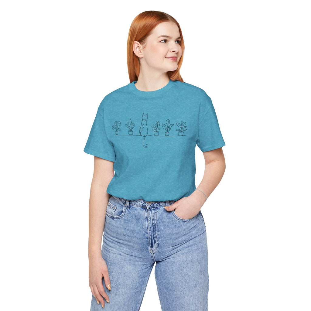 Cat on a Shelf Plant Tee — Minimal Line Art Cat & Potted Plants T-Shirt