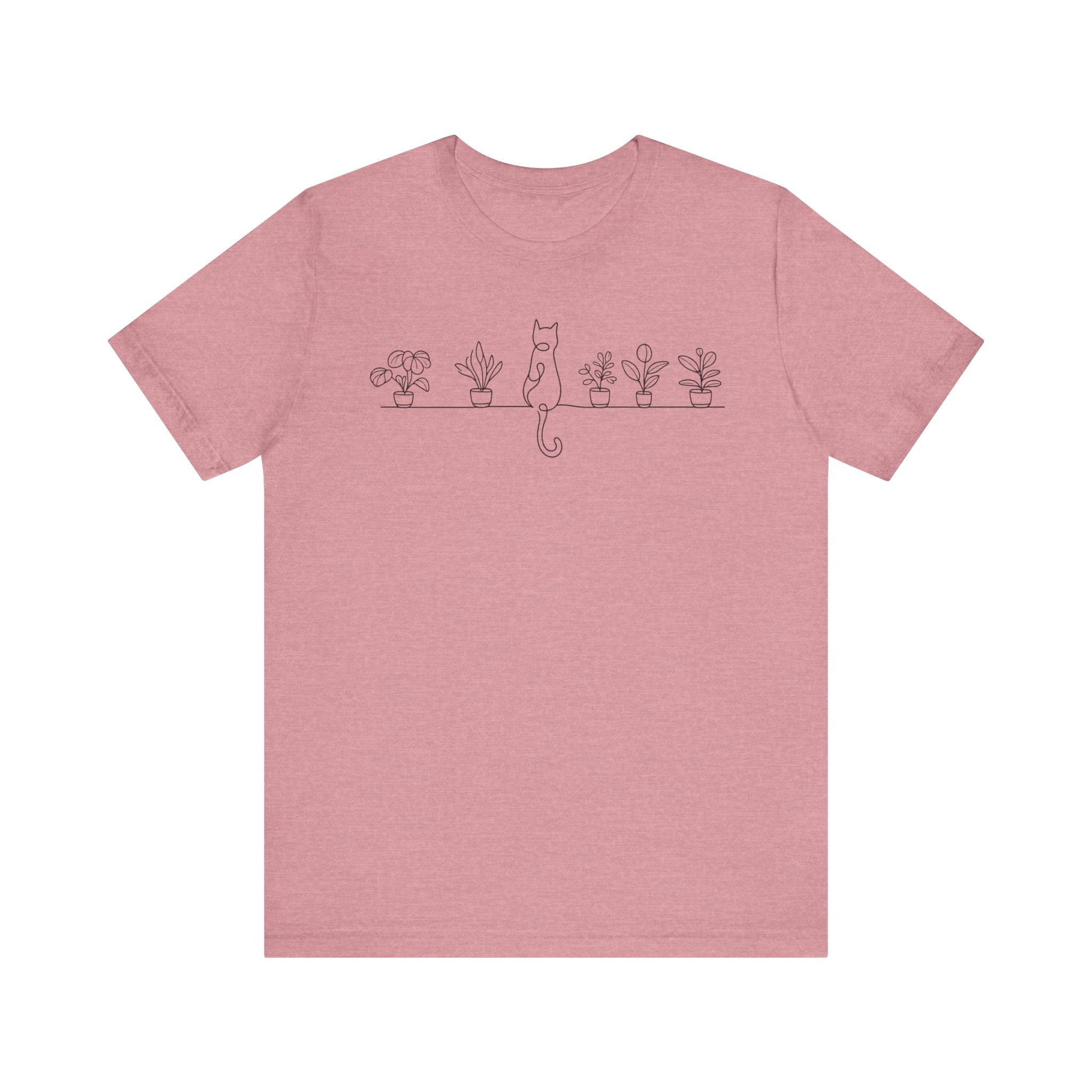 Cat on a Shelf Plant Tee — Minimal Line Art Cat & Potted Plants T-Shirt