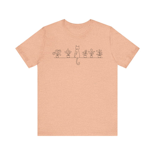 Cat on a Shelf Plant Tee — Minimal Line Art Cat & Potted Plants T-Shirt