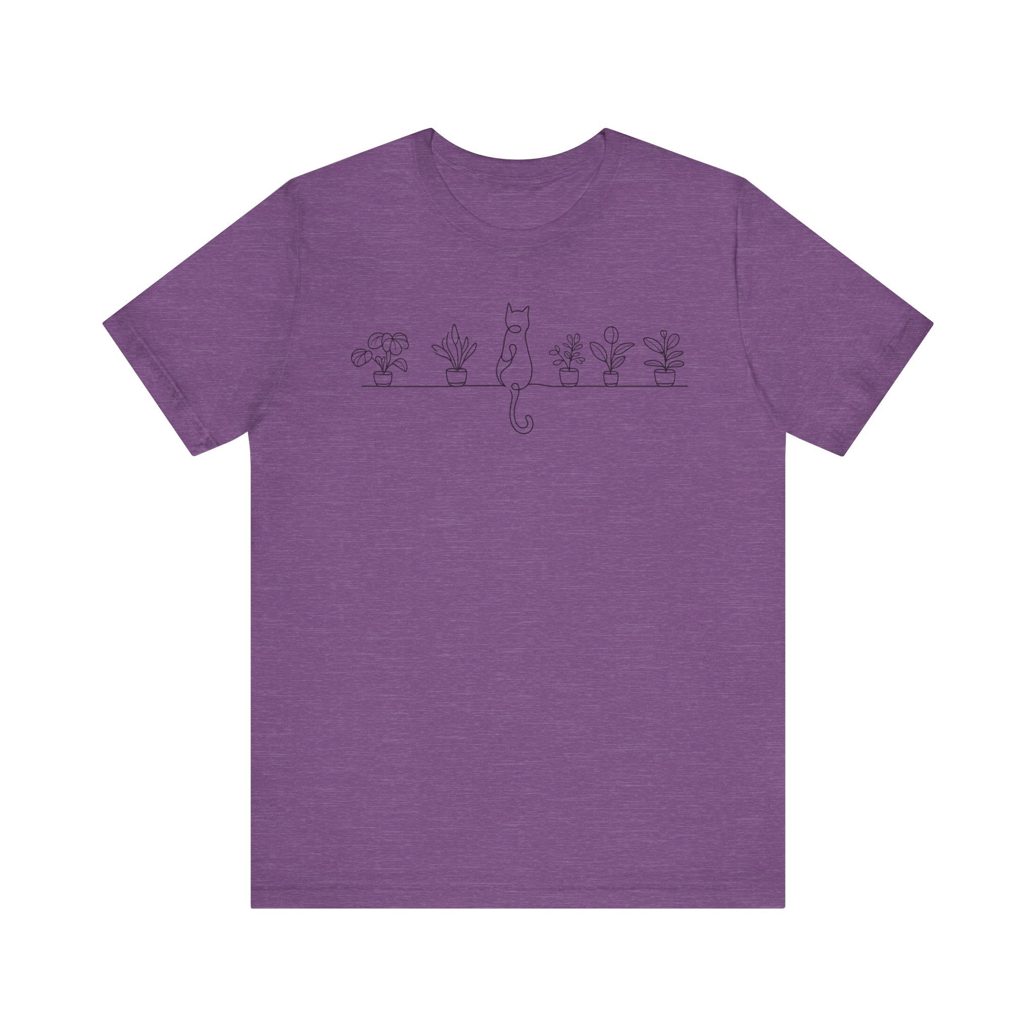 Cat on a Shelf Plant Tee — Minimal Line Art Cat & Potted Plants T-Shirt
