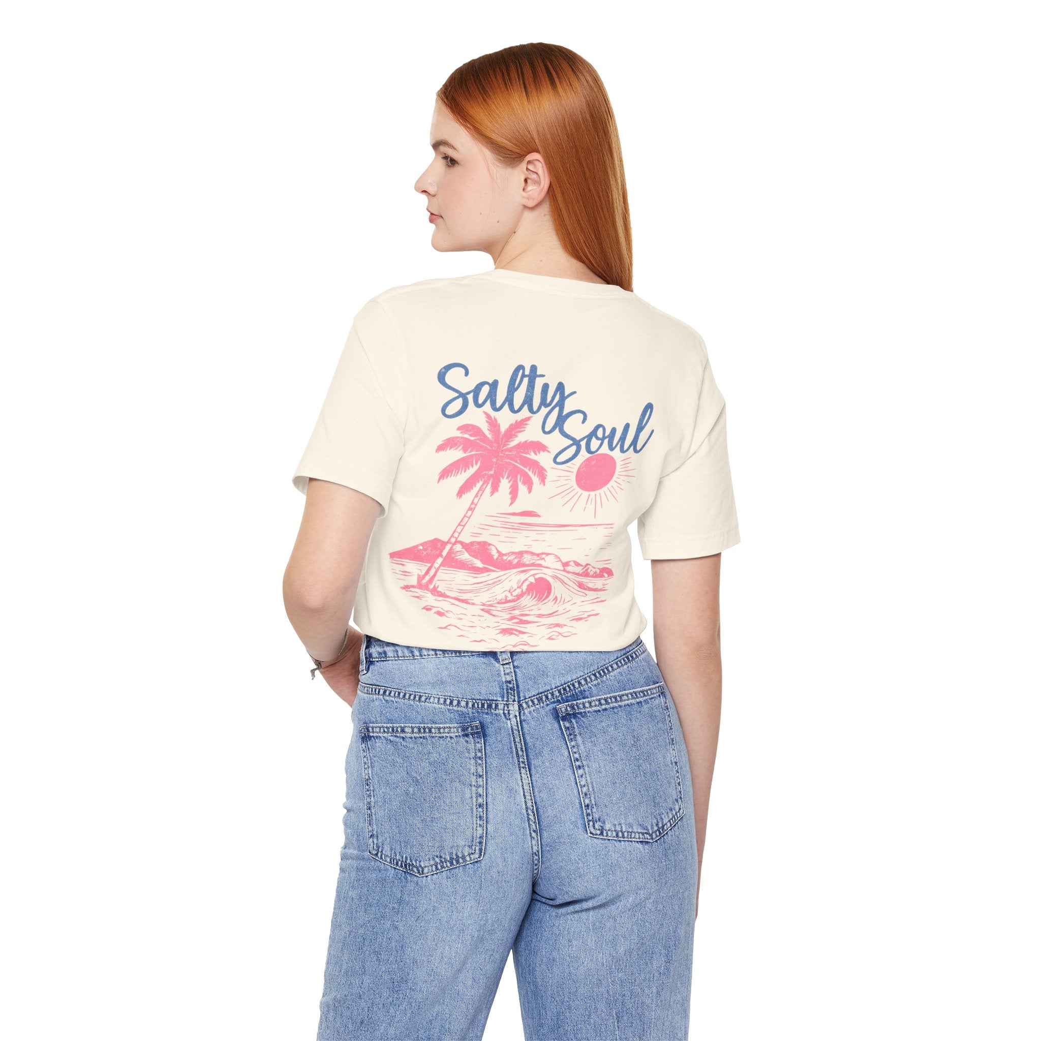 Salty Soul Beach T-Shirt — Pink Palm & Ocean Waves Tee