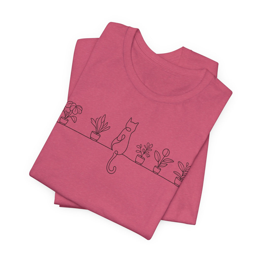 Cat on a Shelf Plant Tee — Minimal Line Art Cat & Potted Plants T-Shirt