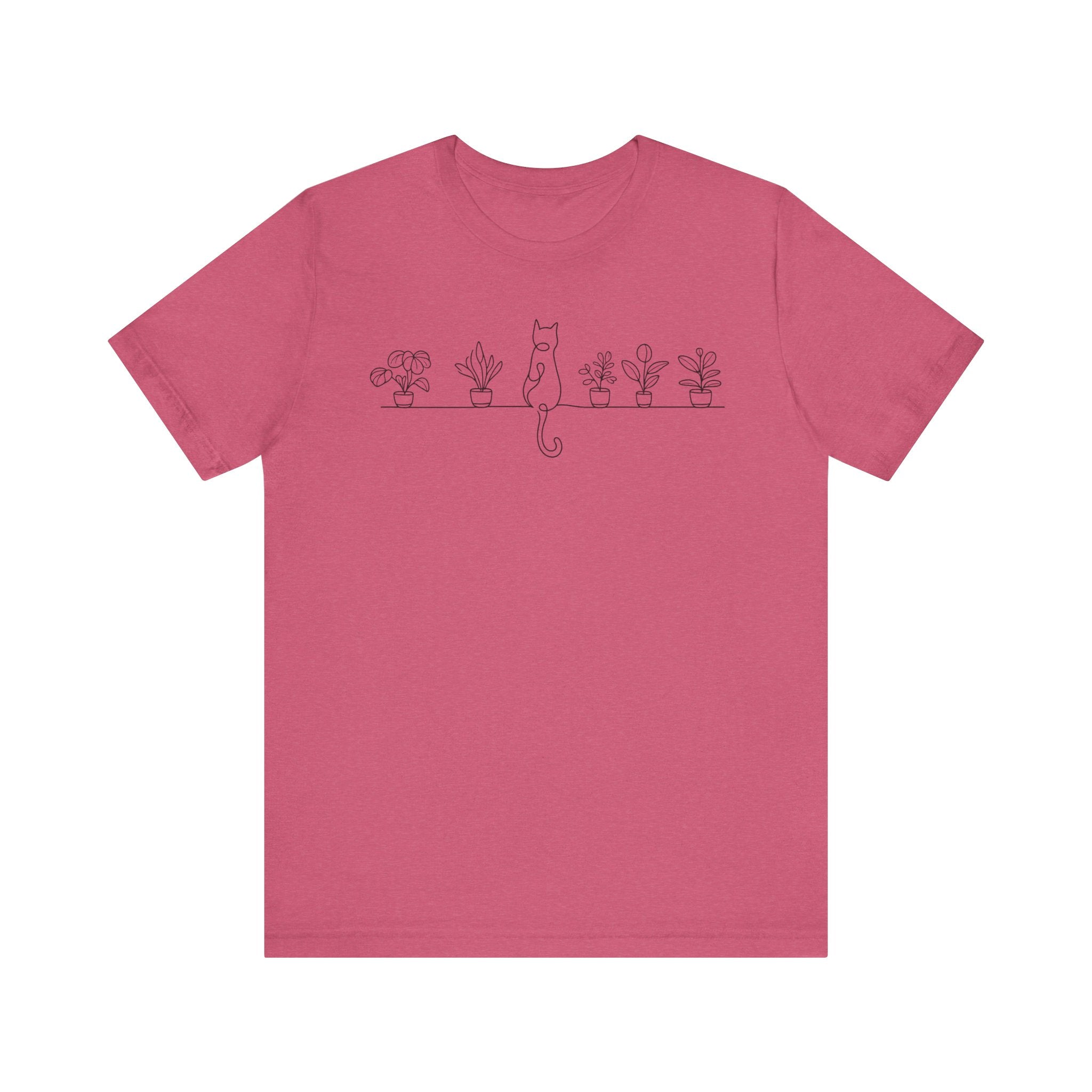 Cat on a Shelf Plant Tee — Minimal Line Art Cat & Potted Plants T-Shirt