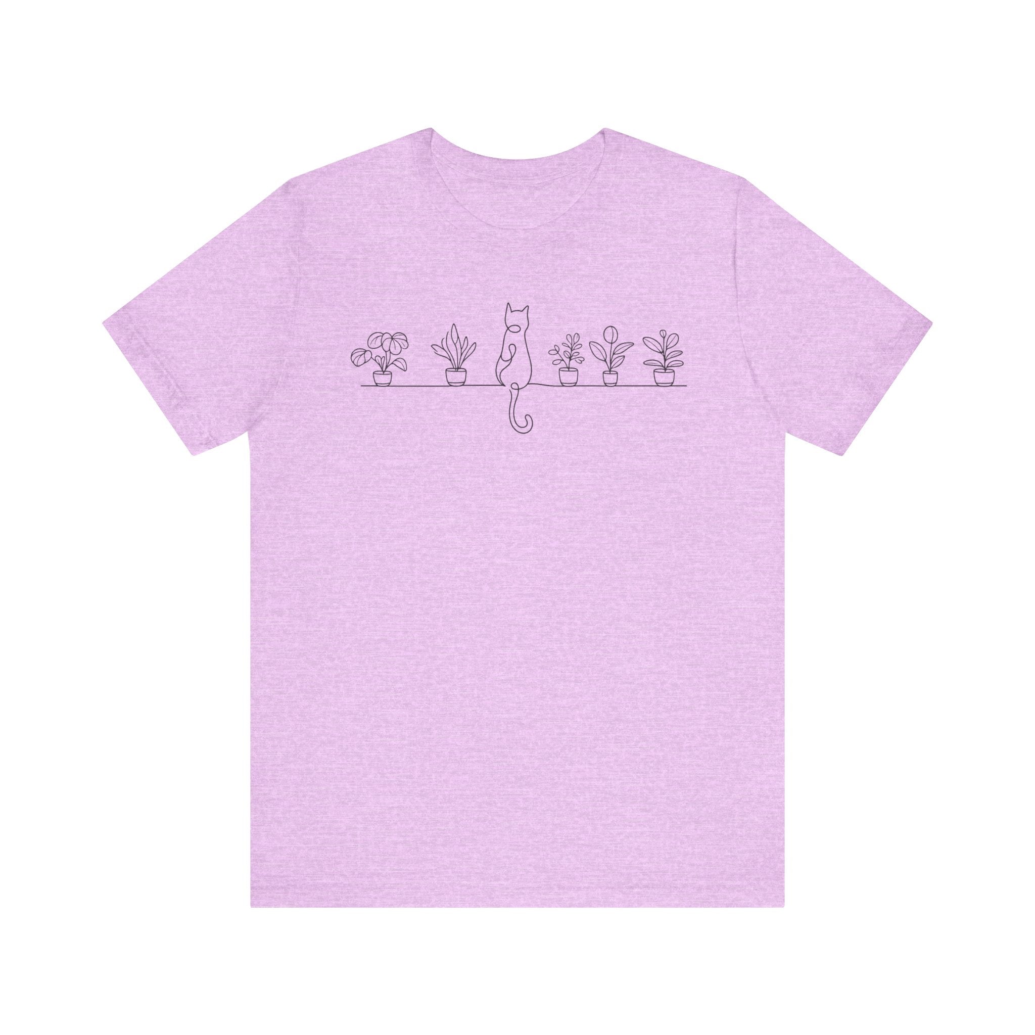 Cat on a Shelf Plant Tee — Minimal Line Art Cat & Potted Plants T-Shirt