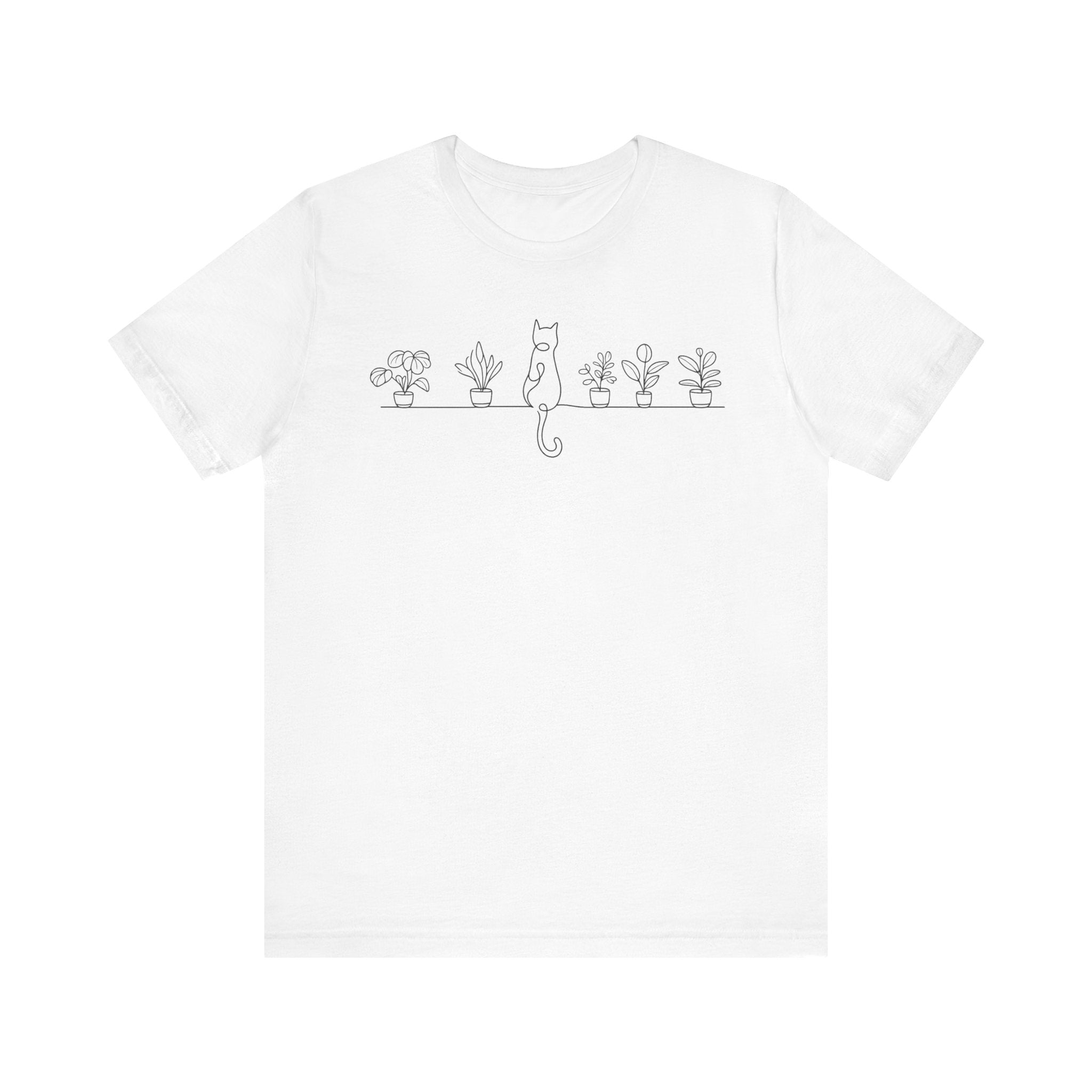 Cat on a Shelf Plant Tee — Minimal Line Art Cat & Potted Plants T-Shirt