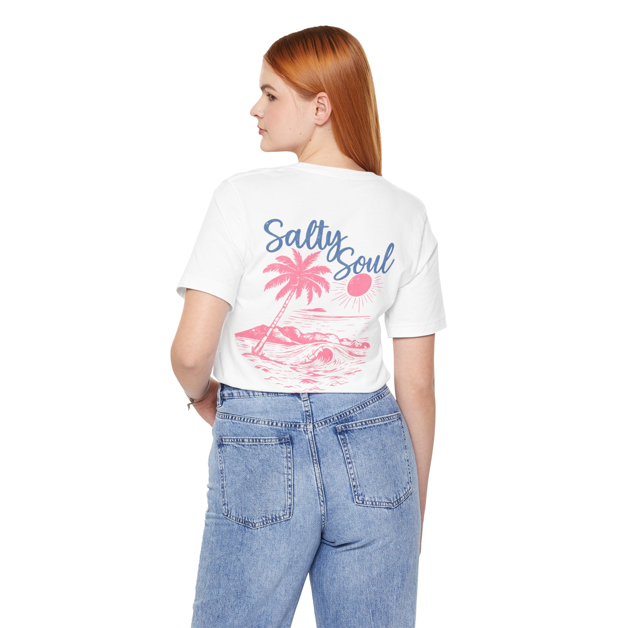 Salty Soul Beach T-Shirt — Pink Palm & Ocean Waves Tee