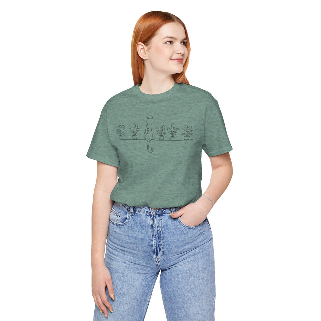 Cat on a Shelf Plant Tee — Minimal Line Art Cat & Potted Plants T-Shirt