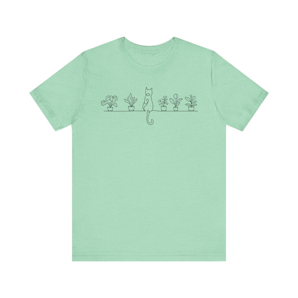 Cat on a Shelf Plant Tee — Minimal Line Art Cat & Potted Plants T-Shirt