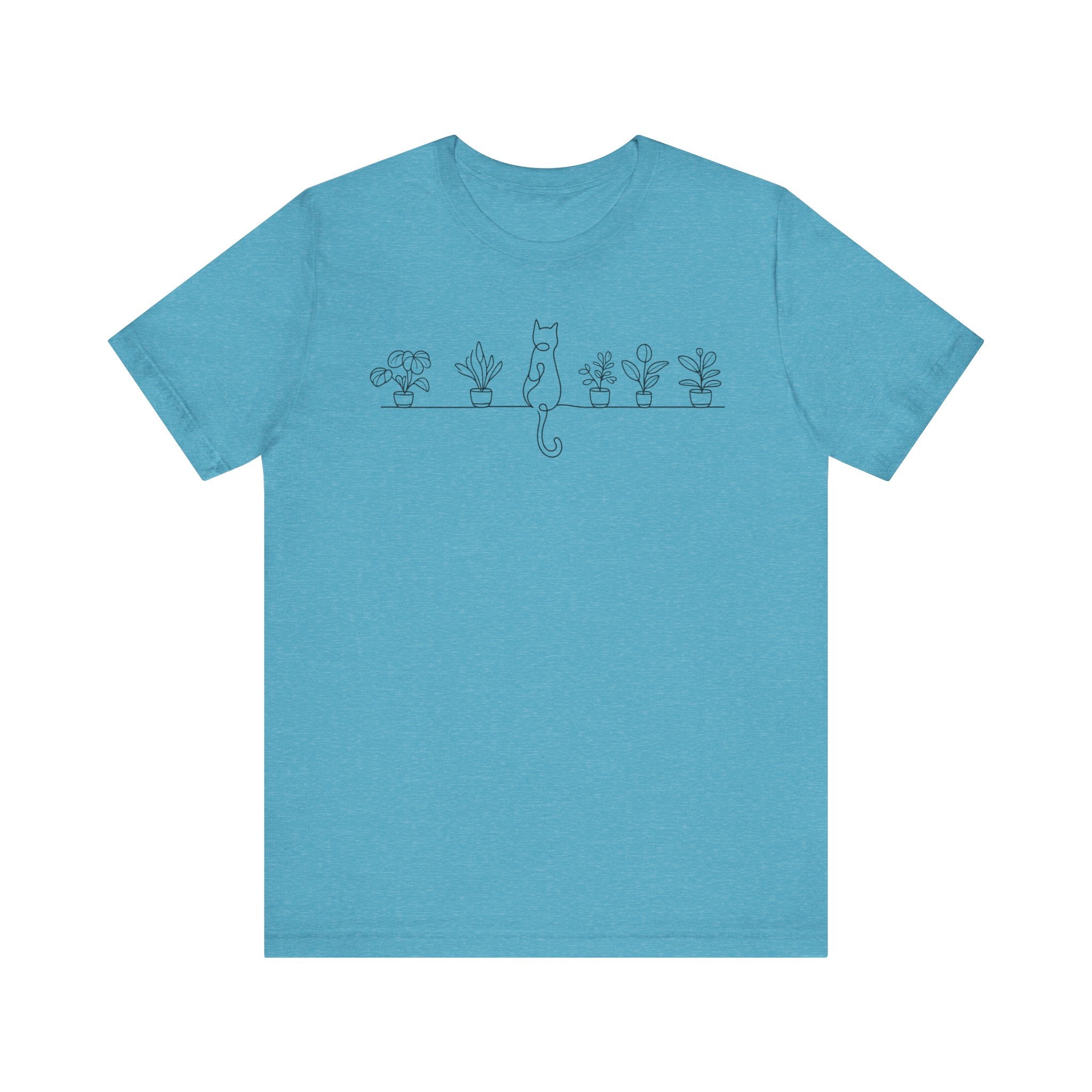 Cat on a Shelf Plant Tee — Minimal Line Art Cat & Potted Plants T-Shirt