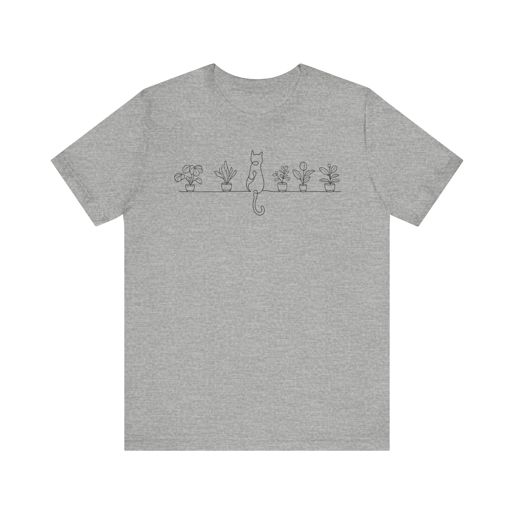 Cat on a Shelf Plant Tee — Minimal Line Art Cat & Potted Plants T-Shirt