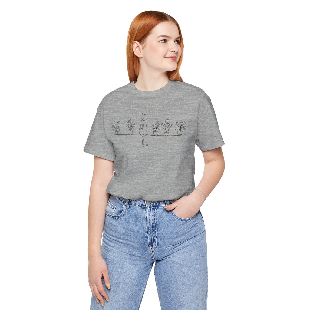 Cat on a Shelf Plant Tee — Minimal Line Art Cat & Potted Plants T-Shirt