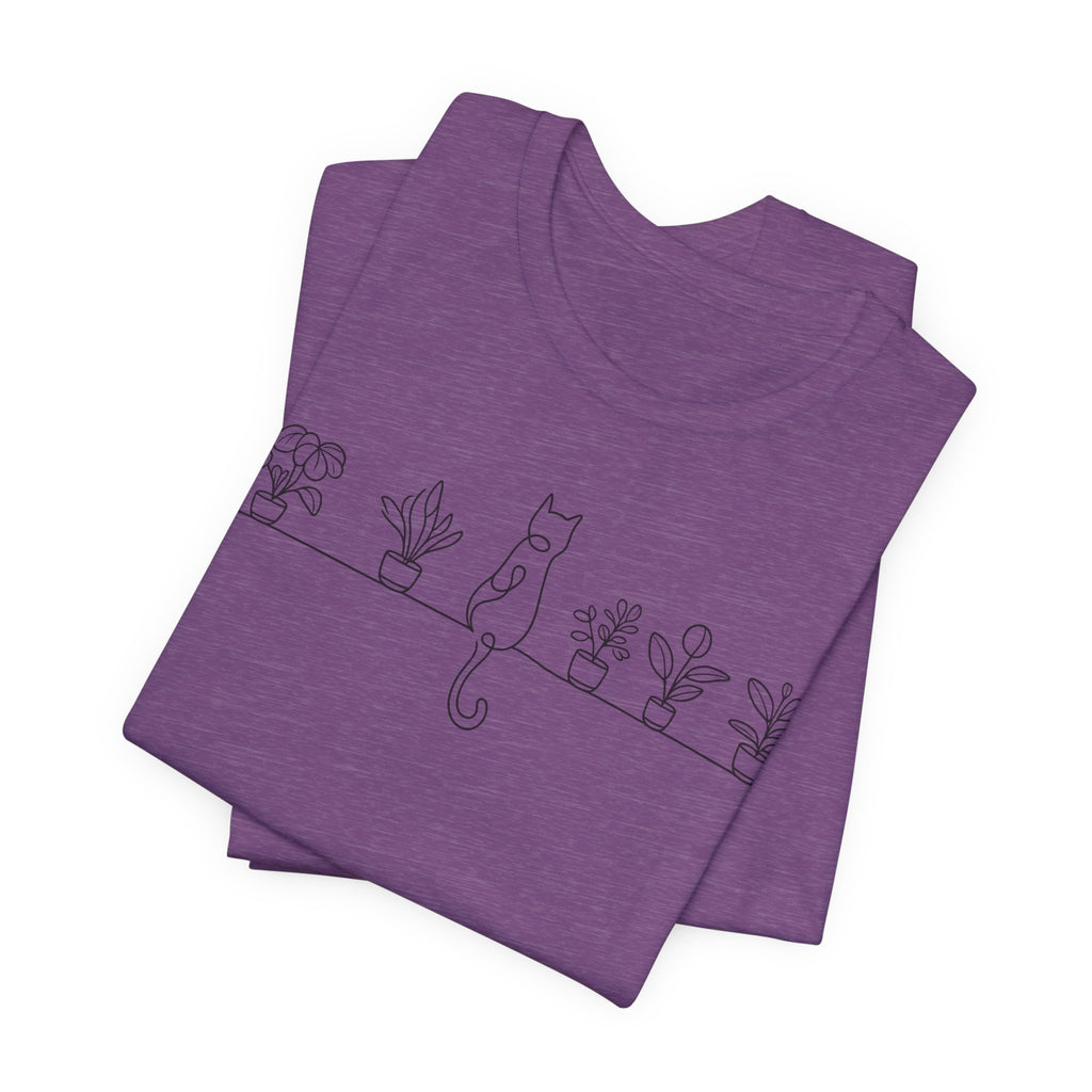Cat on a Shelf Plant Tee — Minimal Line Art Cat & Potted Plants T-Shirt