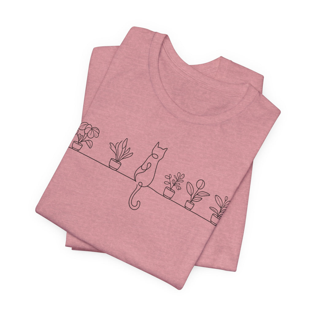 Cat on a Shelf Plant Tee — Minimal Line Art Cat & Potted Plants T-Shirt