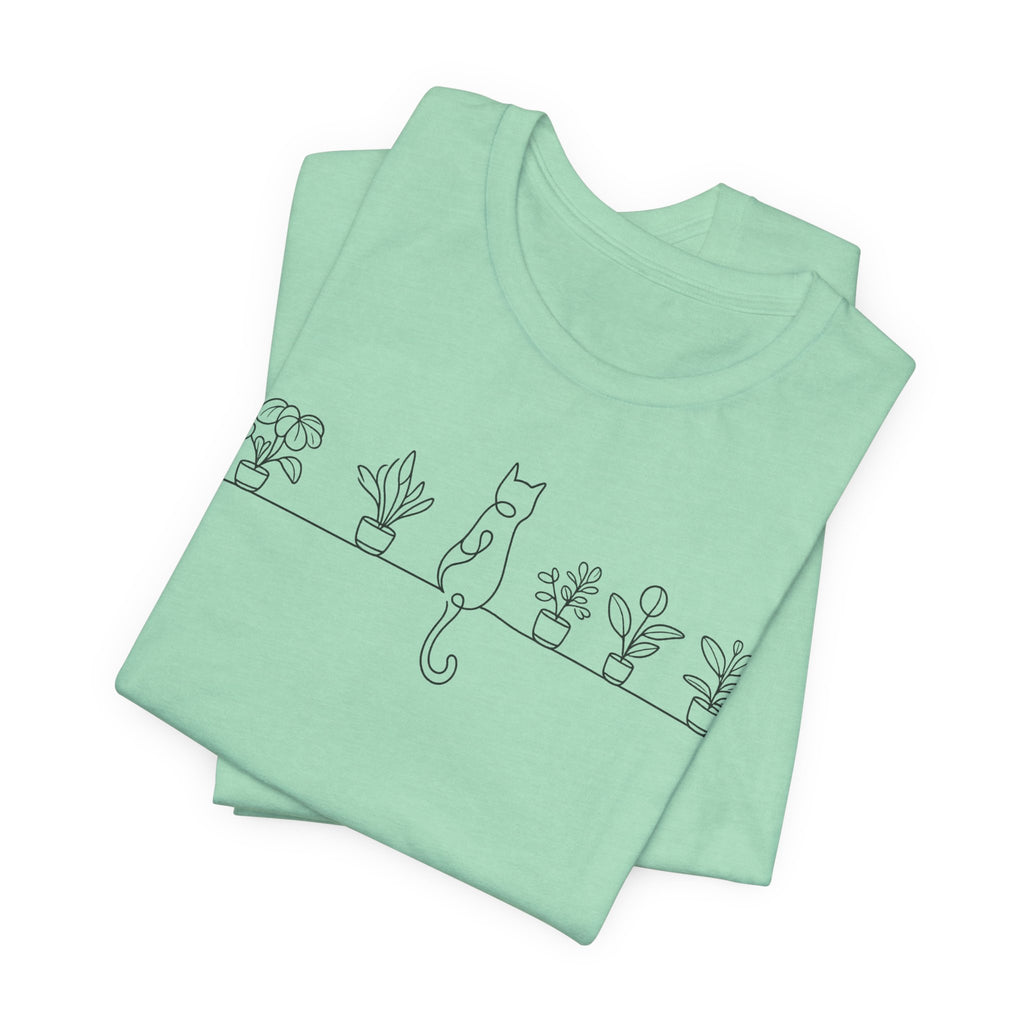 Cat on a Shelf Plant Tee — Minimal Line Art Cat & Potted Plants T-Shirt