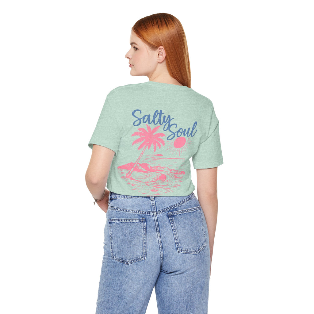 Salty Soul Beach T-Shirt — Pink Palm & Ocean Waves Tee