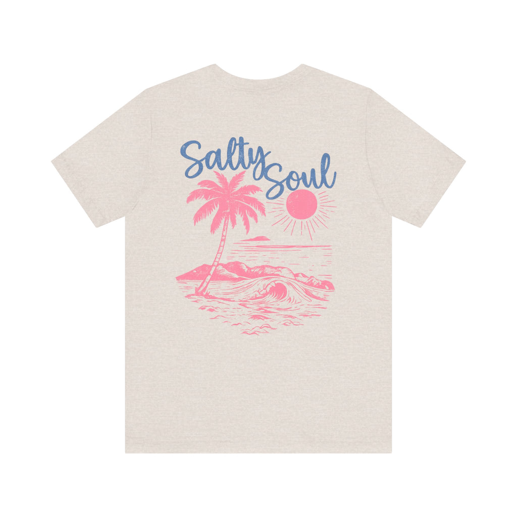 Salty Soul Beach T-Shirt — Pink Palm & Ocean Waves Tee